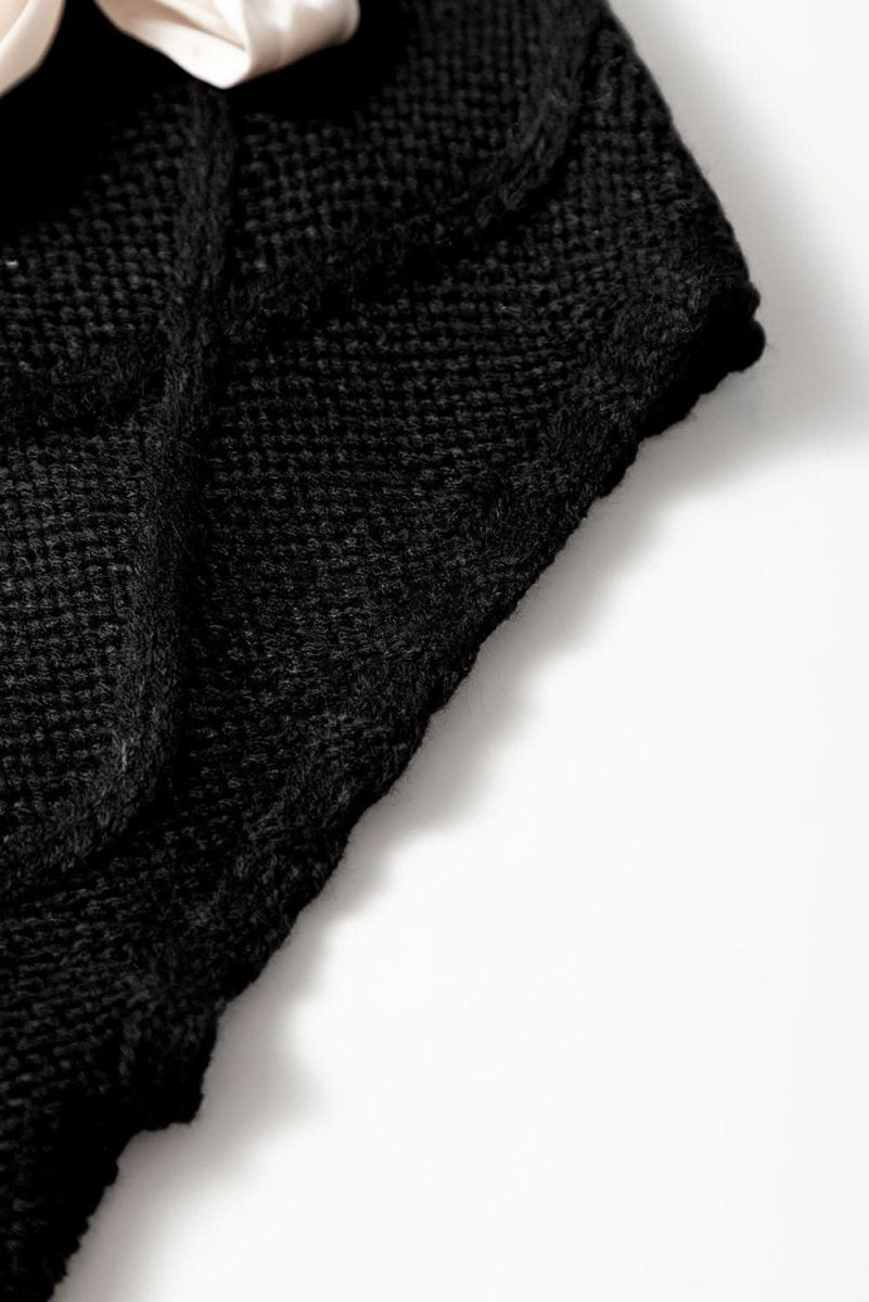 Black Cable Knit Colorblock Sweater with Satin Bowknot Details - Love Salve